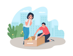 Homeless puppies adoption 2D vector web banner, poster. Pet rescue. Happy man and woman flat characters on cartoon background. Save stray dogs printable patch, colorful web element