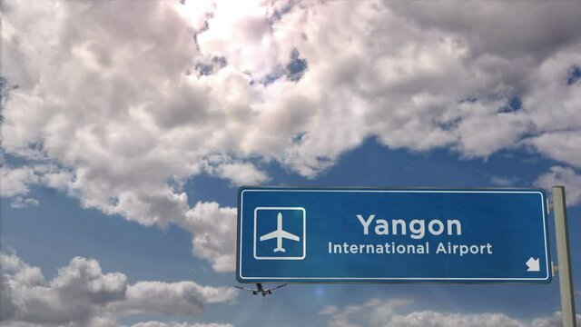 Jet plane landing in Yangon, Myanmar. City arrival with airport direction sign. Travel, business, tourism and transport concept. 3D rendering.