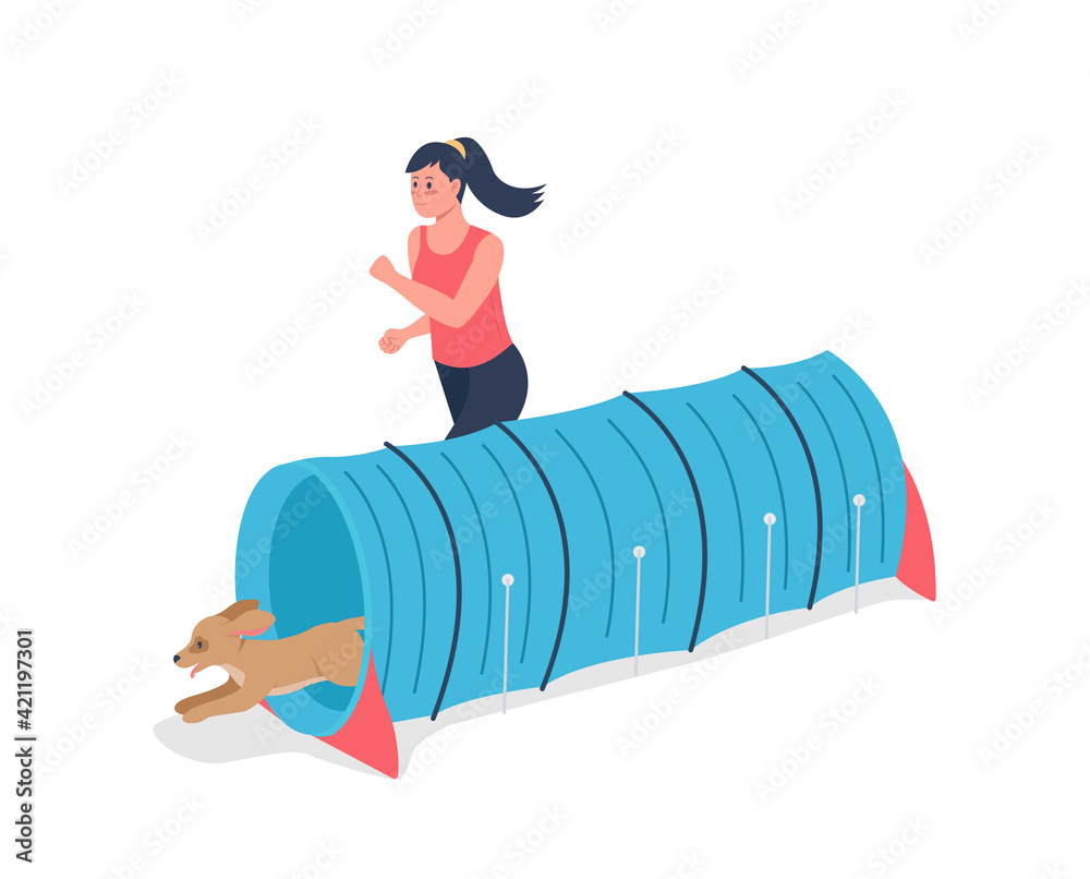 Wall mural woman running with dog for competition flat color vector detailed character. pipe for animal contest