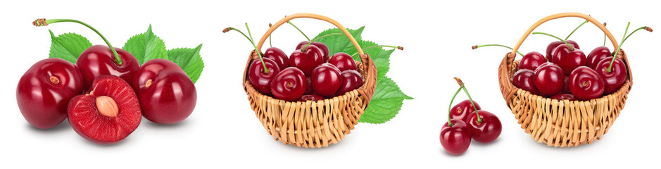 red sweet cherry isolated on white background with full depth of field. Set collection