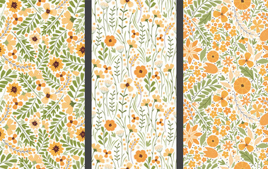 Set of vector floral seamless patterns. Blooming summer meadow. Colorful different yellow wildflowers, leaves and stems on a white background. Liberty millefleurs. Hand drawn vector illustration.