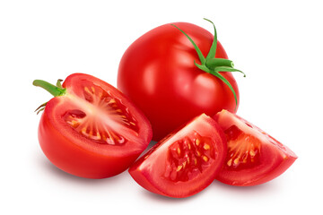 Tomato with slices isolated on white background with clipping path and full depth of field.