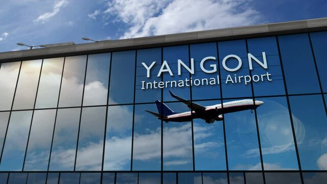 Jet aircraft landing at Yangon, Myanmar 3D rendering animation. Arrival in the city with the glass airport terminal and reflection of the plane. Travel, business, tourism and transport concept.