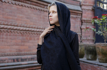 Naklejka premium Young woman in scarf, People travel in Asia