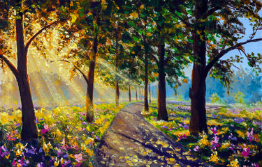 Oil painting on canvas modern impressionism Sunny forest landscape