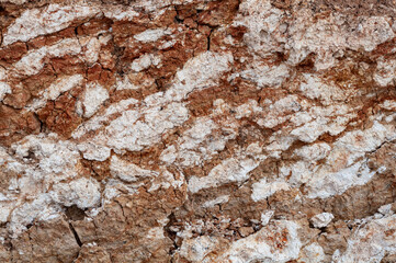 White and brown clay background, uneven soil surface blurred rainy water, natural material outdoors, close-up photo.