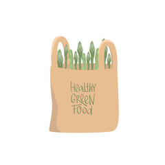 Healthy green food sign on eco shopping paper bag with asparagus flat illustration. Zero waste, plastic free, bio market, recycle concept. Vector stock illustration isolated on white background. EPS10