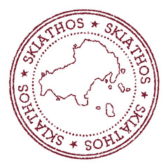 Skiathos round rubber stamp with island map. Vintage red passport stamp with circular text and stars, vector illustration.