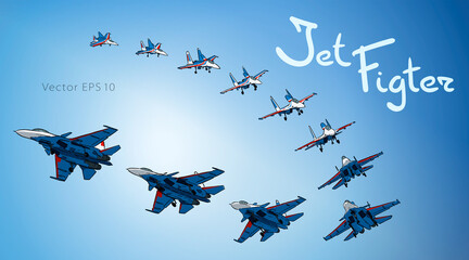 Modern Russian jet fighter aircraft flying by. Vector draw - obrazy, fototapety, plakaty
