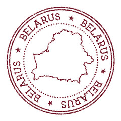 Belarus round rubber stamp with country map. Vintage red passport stamp with circular text and stars, vector illustration.