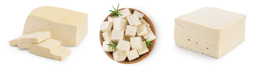 tofu cheese isolated on white background with clipping path and full depth of field, Set or collection