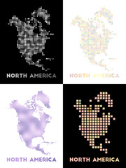 North America map. Collection of map of North America in dotted style. Borders of the continent filled with rectangles for your design. Vector illustration.