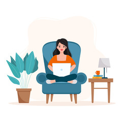 Girl Sitting on an Armchair and Working from Home Flat Vector Illustration