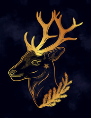 Deer head silhouette with coniferous branch. Dreamy magic art. Night, nature, wicca symbol. Isolated vector illustration. Great outdoors, tattoo design.