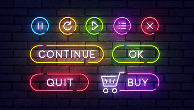 Set of vector neon game buttons. Colored neon buttons. Game button and icon neon. Vector illustration