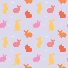 Cute childish seamless pattern  with rabbits and stars in cartoon style.
