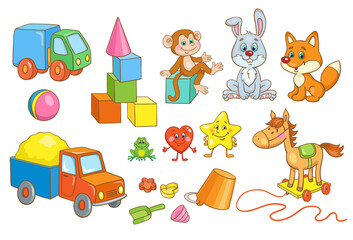 Collection of children's toys for boys and girls. In cartoon style. Isolated on white background. Vector flat illustration.