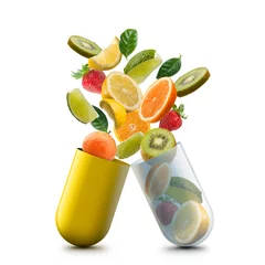 Fotobehang vitamin c pill open with citrus fruits jumping out © winston