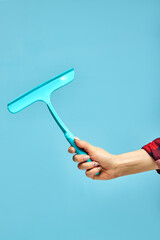 Blue water draining tool, PVC accessories for plumbing work Plumber equipment Bend isolated on blue