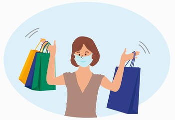 Young girl holding packages with stock purchases in her hands. Flat vector illustration. Woman shopping. Lady in respiratory mask. Clothes and products. Cartoon personage