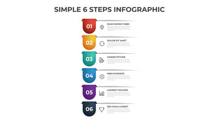 Colorful 6 points of steps diagram with simple design, infographic template vector. - obrazy, fototapety, plakaty
