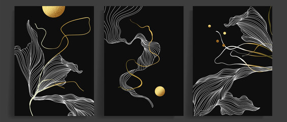 Luxury dark gold abstract art background vector. Line art design with golden hand drawn texture. Design for wall art,cover, home decor, prins and wallpaper  © TWINS DESIGN STUDIO
