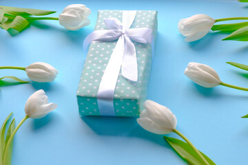 Present and flowers white tulips on blue background.women day. Mother day .Spring flowers.Gift with white ribbon.