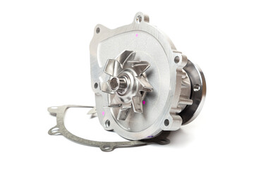 Naklejka premium Car water pump ( roller and fan ) with timing belt and bolts isolated on white background. Automobile spare part