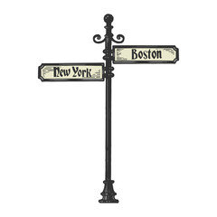 Old american urban road signpost pointer color sketch vector illustration. Scratch board style imitation. Black and white hand drawn image. © Oleksandr Pokusai