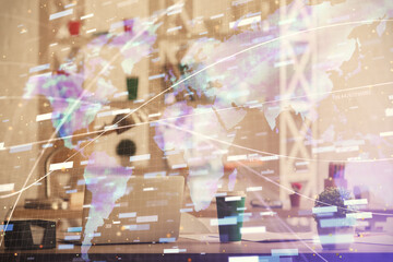 Double exposure of data theme drawing and office interior background. Concept of technology.