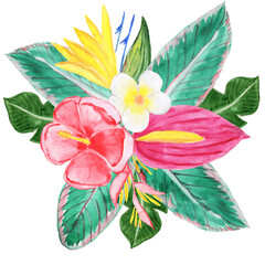 Watercolor tropical composition. A bouquet of flowers and leaves. Hawaiian vivid illustration.