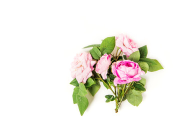 Floral bouquet with pink roses on white background. Flat lay, top view. Flower background.