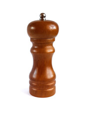 Wooden pepper mill isolated on white background. Mechanical pepper grinder. A device for grinding...