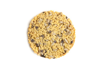Corn flake cookie  isolated on white background. Cornflake cookie with sunflower seeds, chocolate and condensed milk, top view.