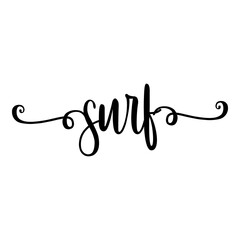 Logotipo con texto manuscrito surf escrito a mano con lineas en color negro