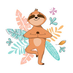 Funny sloth stands in a yoga pose in a tree pose on a white background © Lucky Project