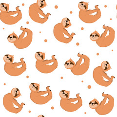 Funny sloths in yoga pose on a white background seamless pattern