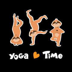 Three funny sloths in a yoga pose on a black background