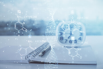 Double exposure of DNA drawing and desk with open notebook background. Concept of education