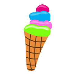 Ice cream with different flavors in the waffle cone isolated on white background. Vector cartoon illustration. Candy for kids