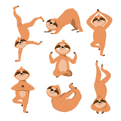 Collection of funny sloths in different yoga poses on a white background