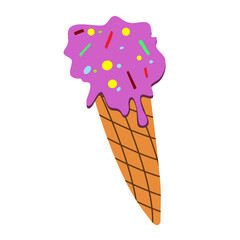 Blueberry melting ice cream in a waffle cone with pastry topping. Isolated element on white background. Vector illustration. Candy for summer.