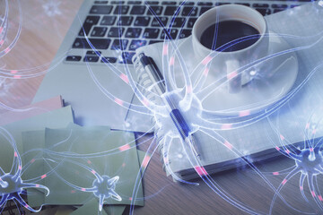 Double exposure of neuron drawing and desktop with coffee and items on table background. Concept of education