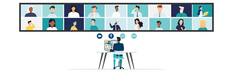 Online Virtual Meetings. Work from Home WFH During Coronavirus COVID-19 Pandemic Outbreak. Teleconference TV. Video Conference Webinars or Remote Working. Vector.