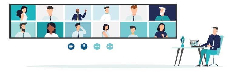 Online Virtual Meetings. Work from Home WFH During Coronavirus COVID-19 Pandemic Outbreak. Teleconference TV. Video Conference Webinars or Remote Working. Vector.