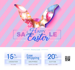 Easter poster and banner template with Easter eggs in the background. Greetings and presents for Easter Day in flat lay styling.Promotion and shopping template for Easter.