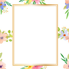 Cute card with flowers and a gold rectangular frame on a white background with place for text. A card with flowers is suitable for Easter cards, scrapbooking, invitations.

