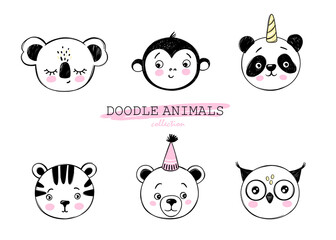 Doodle animals vector set. Owl, bear, monkey, panda unicorn, tiger, koala faces in sketch style. Funny characters. Hand drawn cute children's illustrations