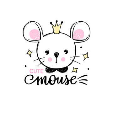 Cute mouse princess with crown isolated on white. Mice illustration. Doodle animal face. Vector character. Hand drawn cartoon Rodent.