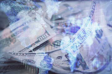 Double exposure of forex graph drawing over us dollars bill background. Concept of financial markets.